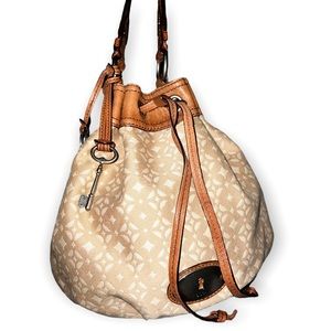 FOSSIL MADDOX Canvas Tan Leather Trimmed Bucket Drawstring Shoulder Bag